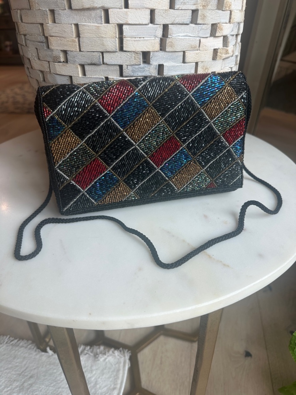 Beaded Black Crossbody Bag with Multicolor Diamond Accents